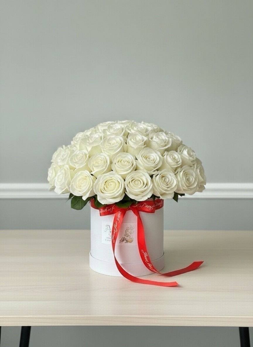 White roses in a box with a red ribbon on a light gray background