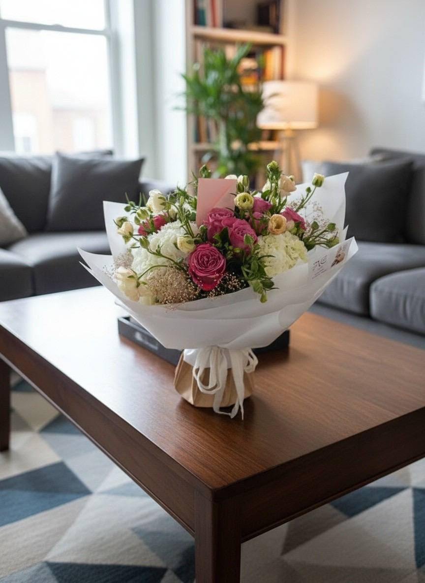 Bouquet of flowers on a wooden coffee table in a living room.