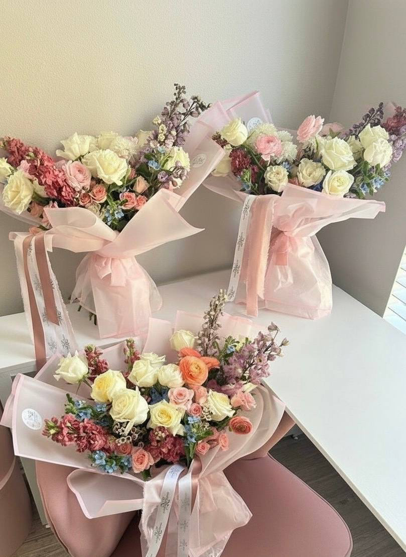 Four bouquets of flowers wrapped in pink paper with ribbons on a white surface.