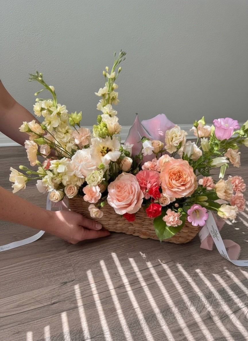 Bouquet of flowers in a woven basket on a wooden floor with a neutral background