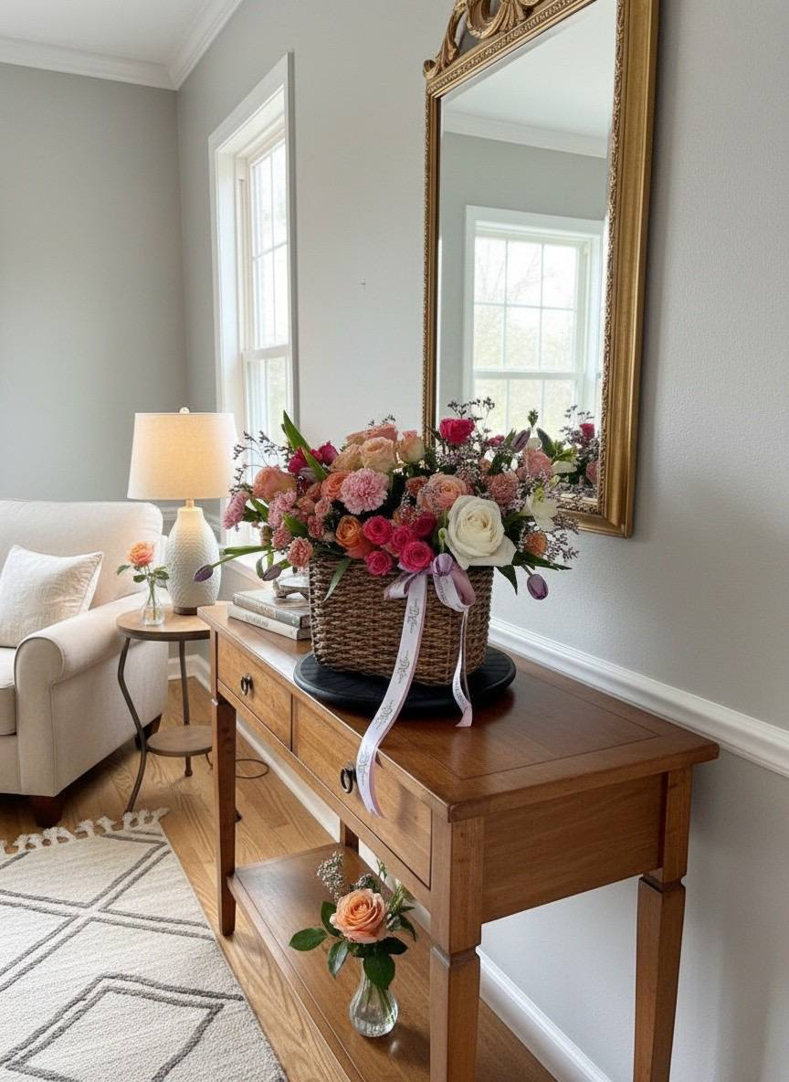 Floral arrangement on a wooden console table in a living room with a large mirror above.