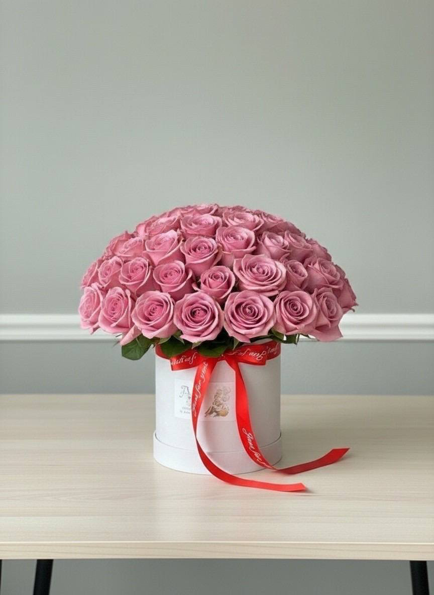 Bouquet of pink roses in a white box with a red ribbon on a light gray background