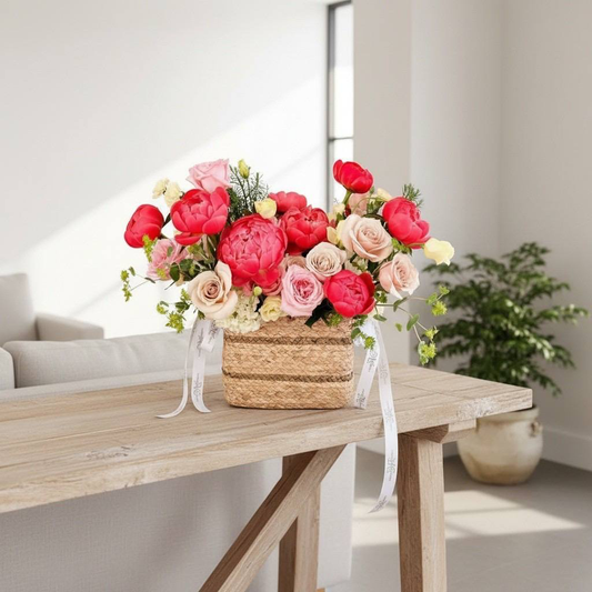 Bouquet of flowers in a woven basket on a wooden table with a neutral background