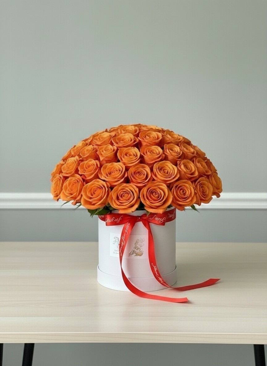 Bouquet of orange roses in a white box with a red ribbon on a light gray background