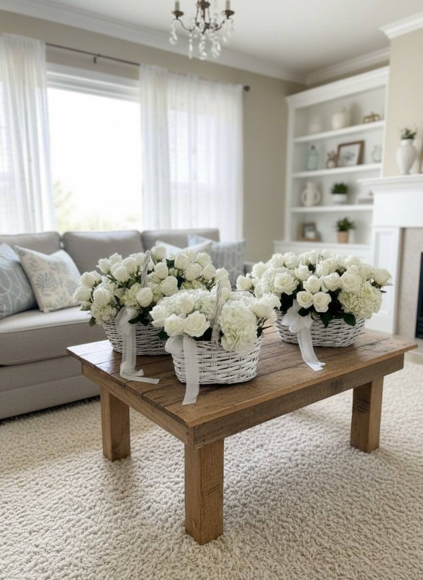 White flowers in baskets on a wooden coffee table in a living room.